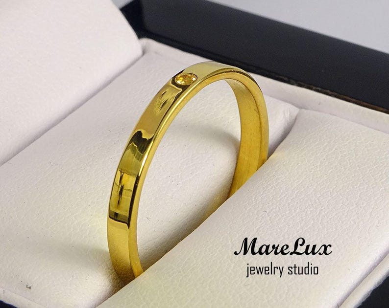 1.5 mm Round Cut Yellow Citrine Gold Ring Natural Citrine 24K Yellow Gold Band Thin Citrine 24K Gold Wedding Band November Jewelry
