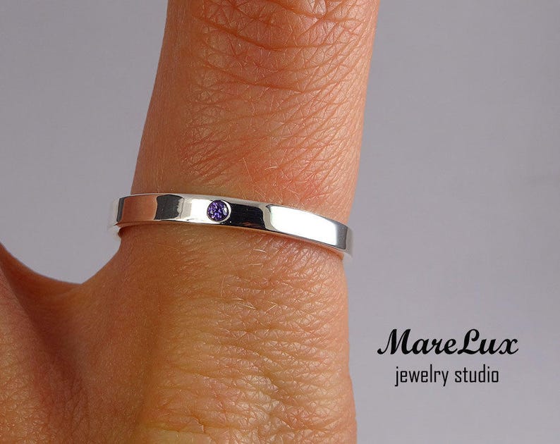 February Birthstone Synthetic Amethyst Band 1.5 mm Violet Cubic Zirconia Ring Thin Amethyst Gemstone Band Amethyst Sterling Silver Band