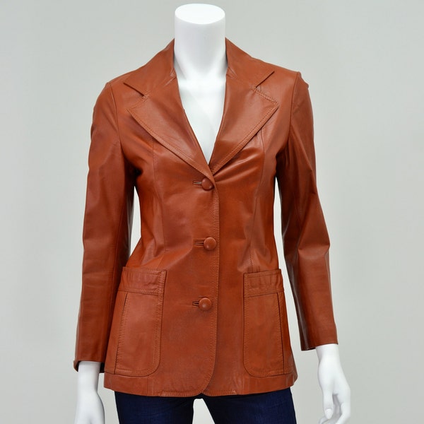 70s Vintage Womens XS Orange Leather Jacket Western Leather Blazer