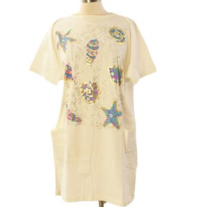 80s Vintage Graphic Print Bikini Coverup Womens M L Gold Ivory Cotton Dress