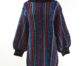 80s Vintage Boho Chunky Knit Sweater Womens L Bishop Sleeve Funnel Neck Textured Tunic Purple Metallic
