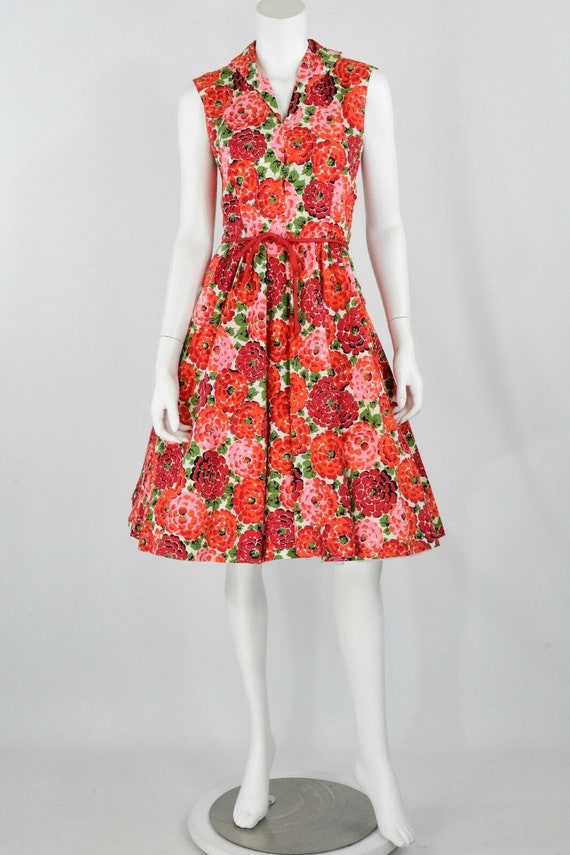 50's vintage handmade red floral print tea dress … - image 2