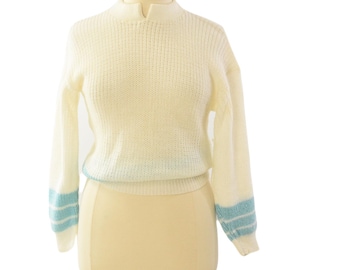80s Ivory Light Blue Striped Split Neck Spring Sweater Womens M Metallic Thread