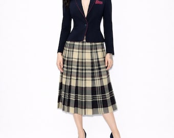 Vintage 70s Plaid Skirt Suit Set XS Cropped Jacket Puff Sleeve Pleated Burgundy