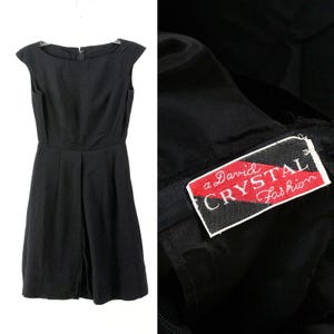 60s Vintage Womens Boat Neck Sheath Dress Black Invert Pleat XS David Crystal