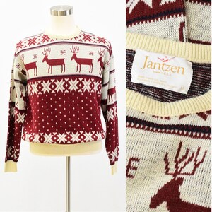 80s Vintage Mens Jantzen Sweater Size M Reindeer & Snowflake Print Crew Neck