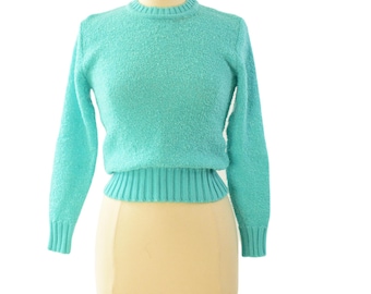 80s Boucle' Knit Sweater Mock Neck Turquoise Womens S