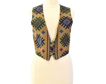 90s Vintage Southwest Print Vest Womens M Sleeveless Crop Top Camel Navy Blue