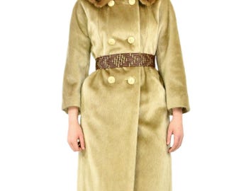 50s Vintage Faux Fur Coat Womens M Genuine Fur Collar Double Breasted Tan Long Winter Overcoat Mid Century Fit Flare Classic Swing Jacket