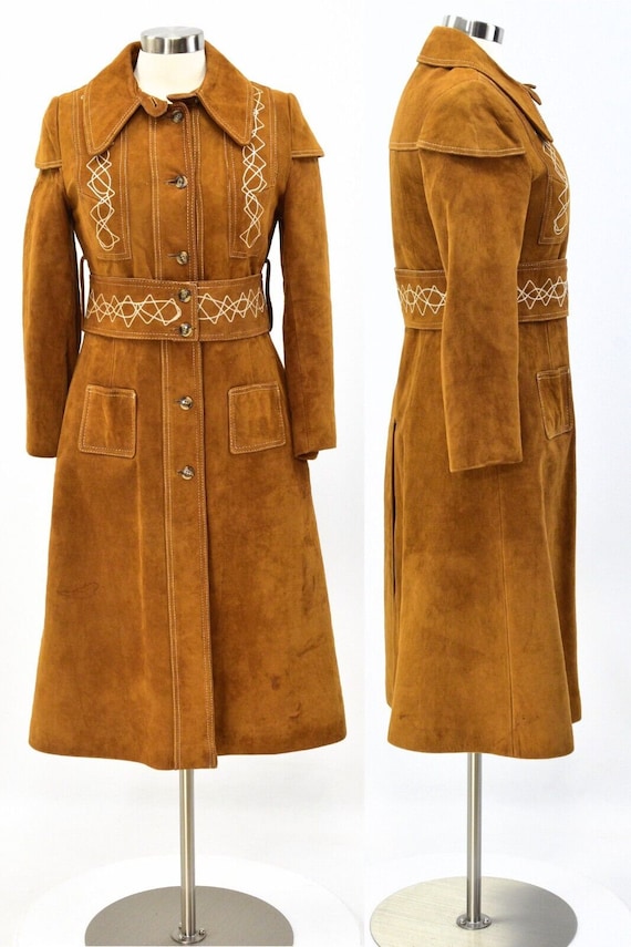 70s Vintage Embroidered Suede Leather Coat Womens 