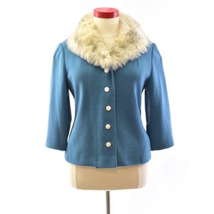 Vintage Dusty Cornflower Blue & Ivory Jacket With Faux Fur Collar Womens Size L