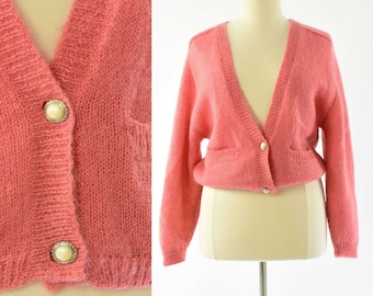 80s Vintage Salmon Pink Fuzzy Cardigan Sweater Autograph Mohair Womens L