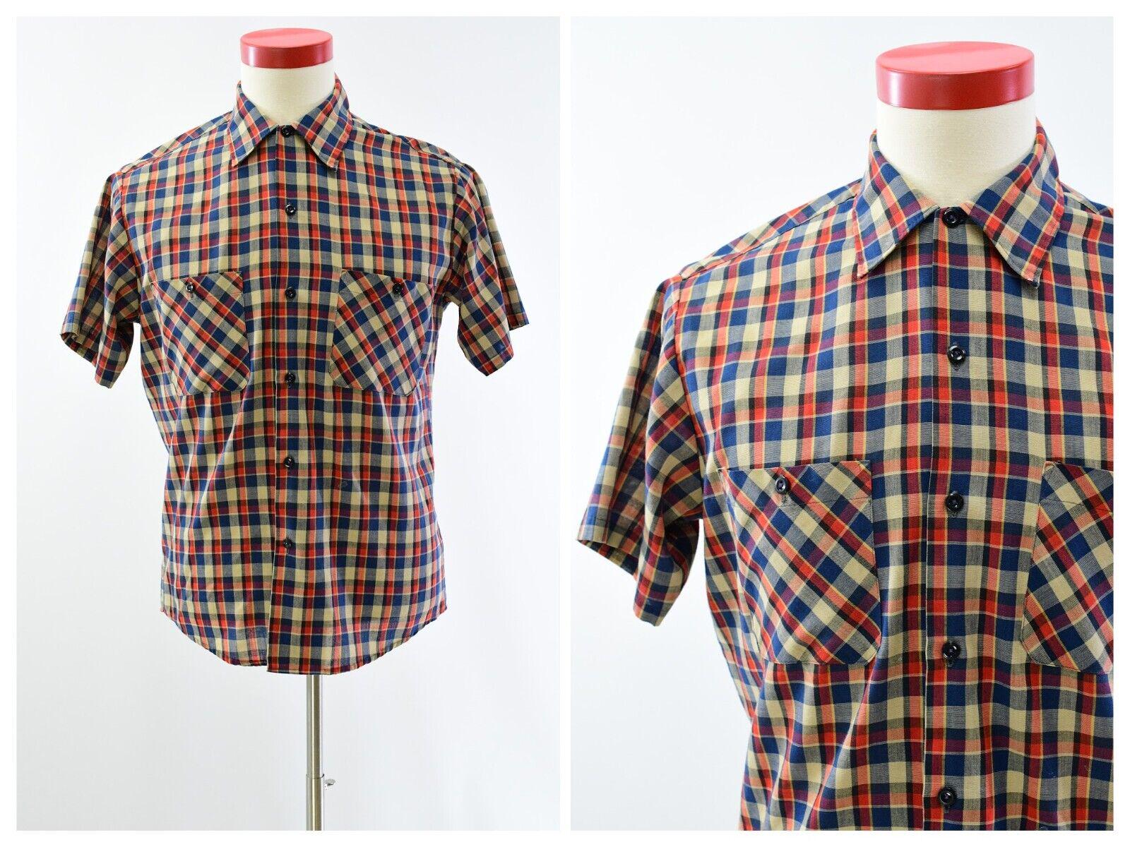 60s Vintage Mens M Checkered Short Sleeve Shirt Sears Button