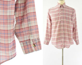 70s Vintage Pink Plaid Shirt Mens L Royal Knight