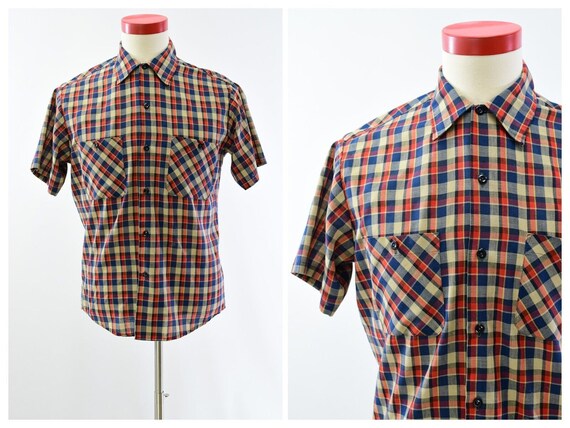 60s Vintage Mens M Checkered Short Sleeve Shirt S… - image 1