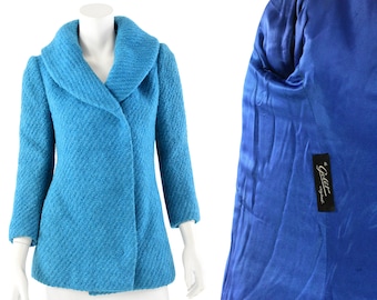 60s Vintage Gole't Blue Textured Wool Asymmetrical Coat Womens M Silk Lining