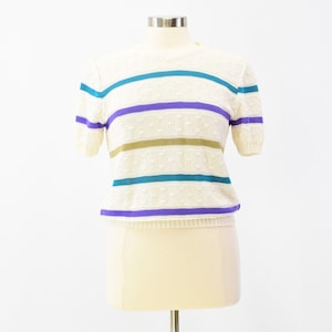 80s Vintage Womens M White Open Knit Striped Sweater