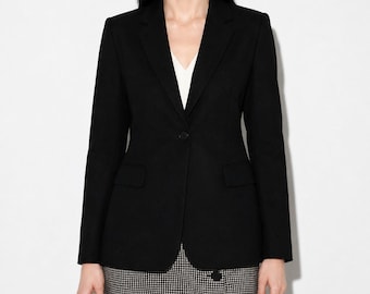 90s Harve Benard Wool Blazer Womens L Black 1 Button Shoulder Pads Minimalist
