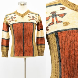 70s Vintage Mens Aztec Print Sweater Size S V Neck Earth Tones