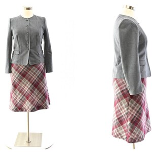80s Womens L Skirt Suit Levis + Jantzen Gray Collarless Blazer Plaid Skirt