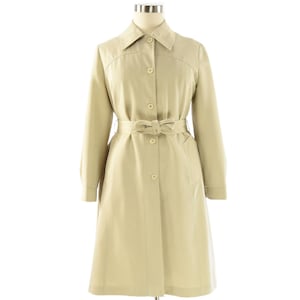 70s Vintage Neutral Raincoat Womens L XL Pastel Paisley Print Lining Trenchcoat Long Belted Jacket Minimalist Water Resistant Polyester