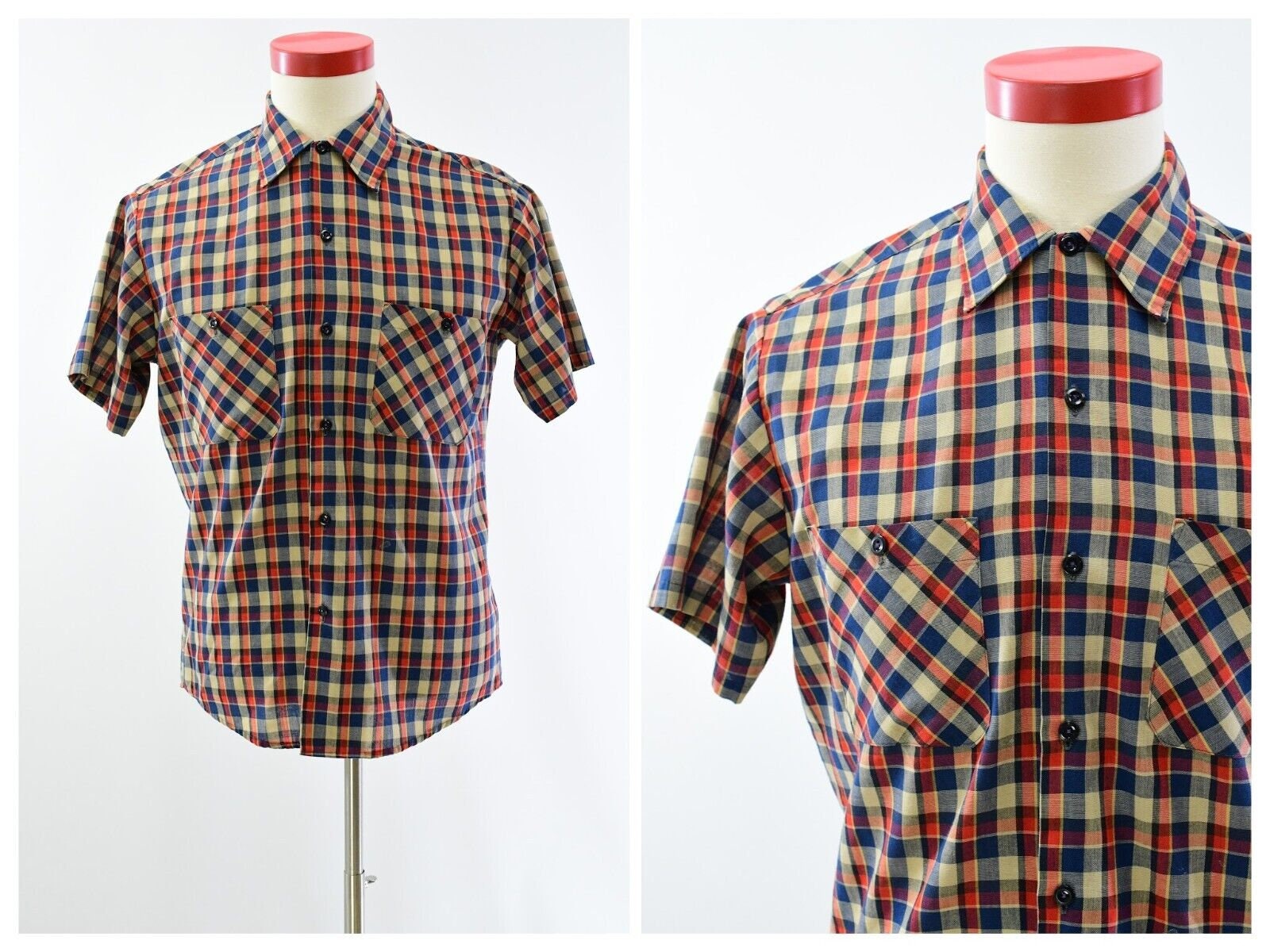 60s Vintage Mens M Checkered Short Sleeve Shirt Sears Button Front 