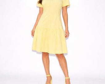 60s Vintage Pastel Yellow Drop Waist Pleated Day Dress Short Sleeve Womens S 4
