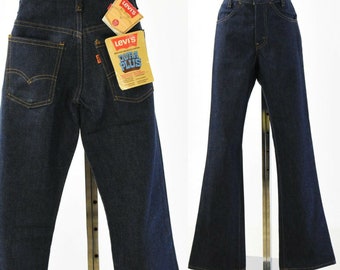 New 70s Vintage Levis High Waist Bell Bottom Jeans Deadstock Dark Wash Womens 00 or 24"