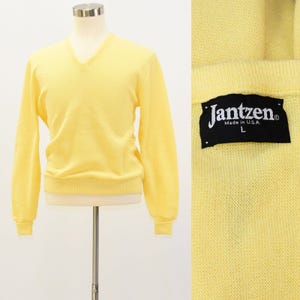80s Vintage Mens Yellow Jantzen Sweater Size L V Neck Made In USA