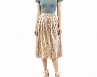 80s Vintage Pleated Midi Skirt Set Satin Floral Boho Crop Top Womens S Gray Blue