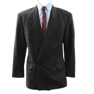 Hugo Boss Gray Pinstripe Double Breasted Wool Blazer Mens Size 43R Peak Lapel