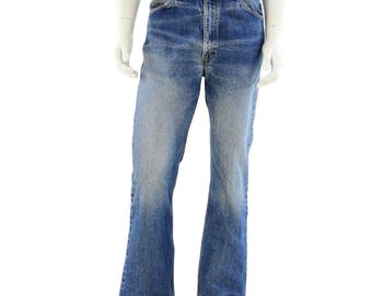 70s Vintage Levis Stone Washed Flare Leg Jeans Mens 34 USA Made Orange Tab 34x32 Western Bells Dark Wash High Rise Psychedelic Rock Style