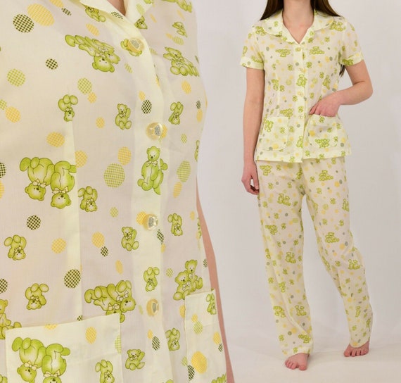 60s vintage womens xs/s teddy bear print pajama s… - image 1