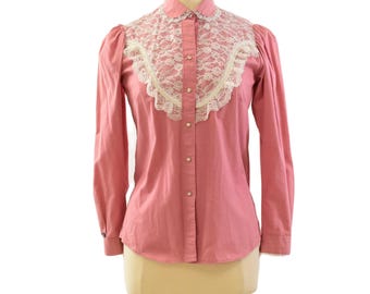 80s Rockmount Ranch Wear "Crystal Palace" Pink Lace Western Shirt Pearl Snap Top Womens M S