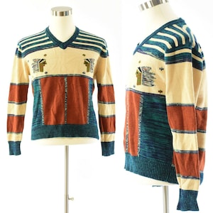 80s Vintage Mens L Novelty Print Sweater JC Penney Striped Indian Heads