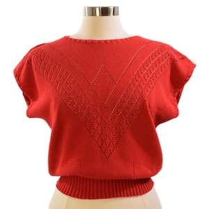 80s Vintage Bright Red Sleeveless Knit Top V Knit Design Sweater Womens M Ribbed