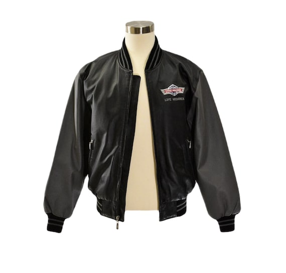 ジャケット・アウター 80s short real leather bomber jacke 80s Vintage Leather Bomber Jacket Mens S Black NSMC Hot Rod Racing