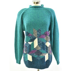 90s Vintage Teal Quilt Patchwork Tunic Sweater Womens M Mock Neck Novelty Heathered Knit Pullover
