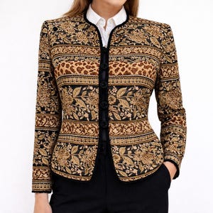 Adrianna Papell Baroque Silk Blazer Womens 8 Vintage Paisley Brown Jacket image 3