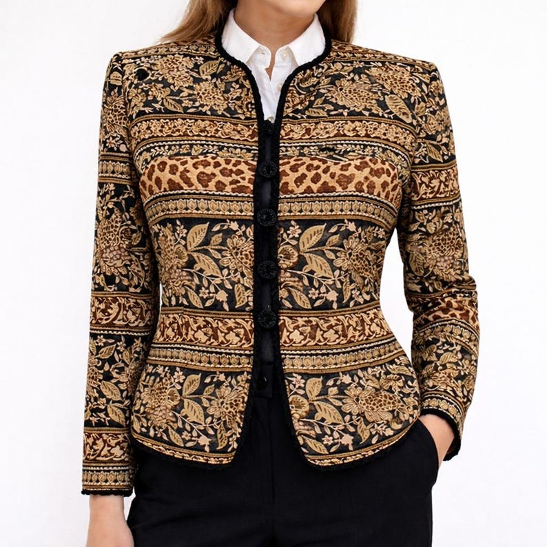 Adrianna Papell Baroque Silk Blazer Womens 8 Vintage Paisley Brown Jacket image 3