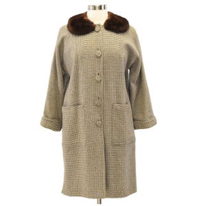 50s Vintage Wool Houndstooth Coat Womens M Ranch Mink Collar Brown Ivory Check Long Midcentury Overcoat Novelty Print Lining