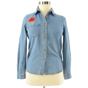 90s Vintage Embroidered Denim Shirt Womens M Floral Rose Button Up Long Sleeve Cotton Jean Top Red Flower Western Cottagecore Blouse