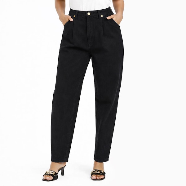 80s Vintage Eddie Bauer Pleated Black Wash Tapered Leg High Waist Jeans Women M/L 10 12