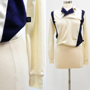 90s Vintage Womens S Polo Shirt Unique Neckline Lemon Twist White & Blue
