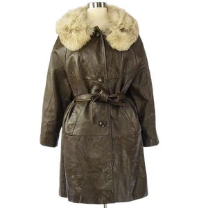 70s Vintage Brown Leather Belted Cape Coat Womens L Rabbit Fur Collar Coat Blonde Knee Length Trench Style Winter Outerwear Boho Car Coat 14 image 1