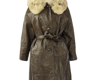 70s Vintage Brown Leather Belted Cape Coat Womens L Rabbit Fur Collar Coat Blonde Knee Length Trench Style Winter Outerwear Boho Car Coat 14