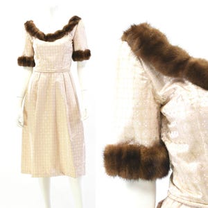 60&#39;s Vintage Women&#39;s 2XS Tapestry Fabric Dress Fur Trim Handmade
