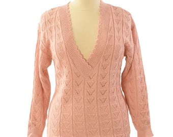 70s Vintage Pink Pointelle Knit Deep V Neck Sweater Womens L Long Pastel Tunic