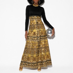 gold lame 70s dress 1970s Black Chiffon Gold Lam Full Skirt Maxi Dress Gown