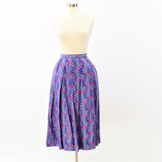 80s Vintage Womens S Purple Floral Print Midi Skir